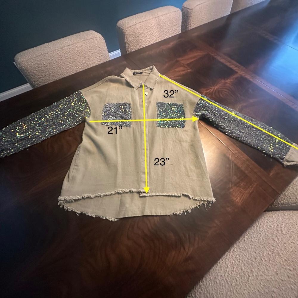 ChicMe Oversized Khaki & Sequin Button Down Shirt-Size S - Picture 11 of 12